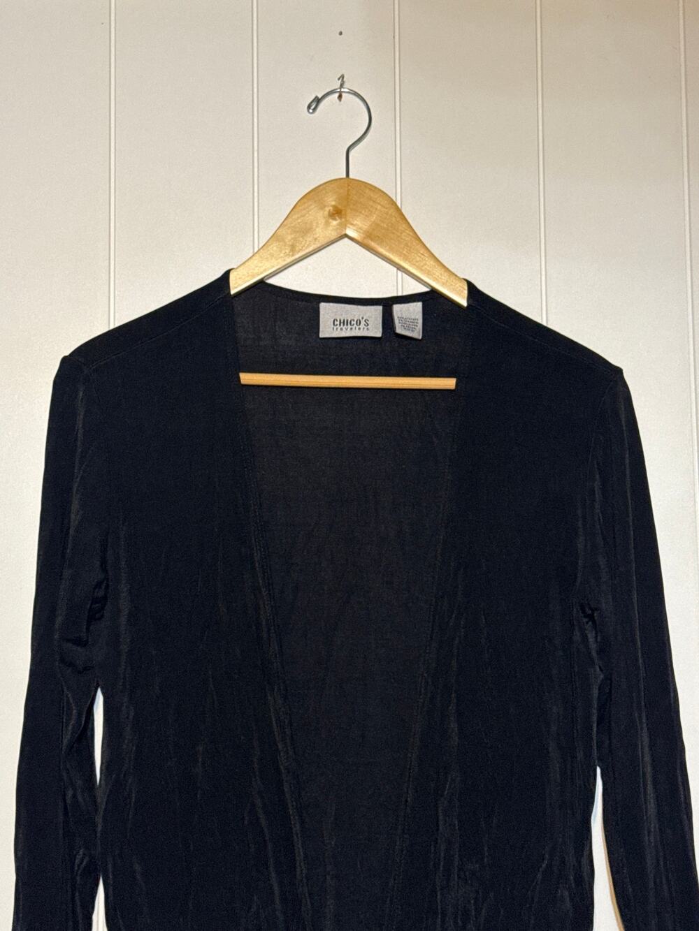 Chicos Travelers Cardigan Womens Size S Black Open Front Stretch Draped Jacke